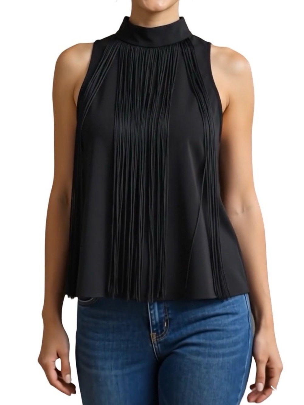 Fringed Sleeveless Top Party Piece Tassels  High Neckline Zipper Event Black M